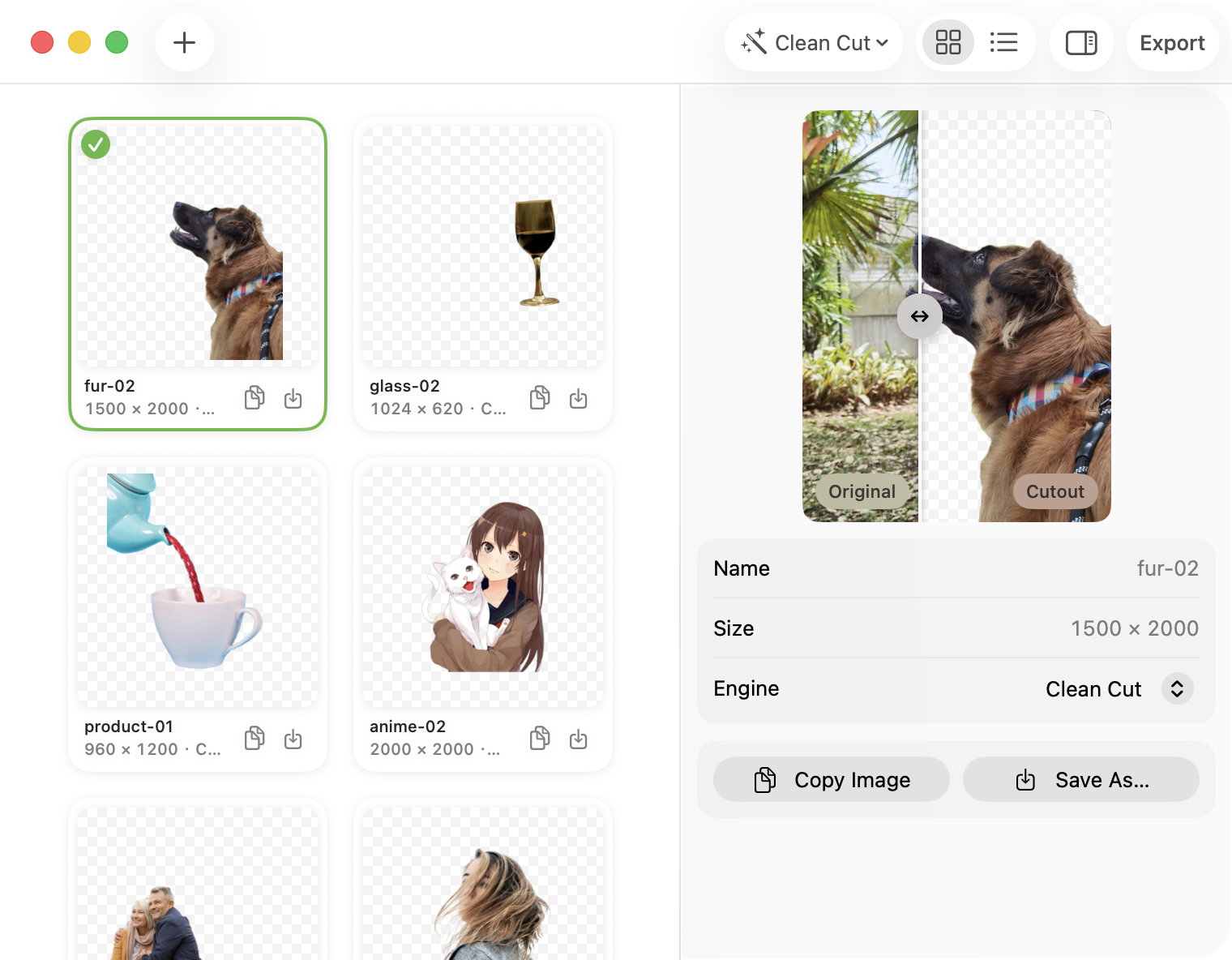 Pluck's main window: a grid of cutouts with a before/after comparison in the inspector